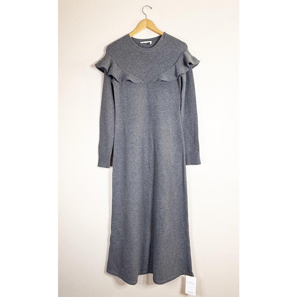 CHLOE gray ruffled 100% cashmere long sleeve sweater maxi dress SMALL
